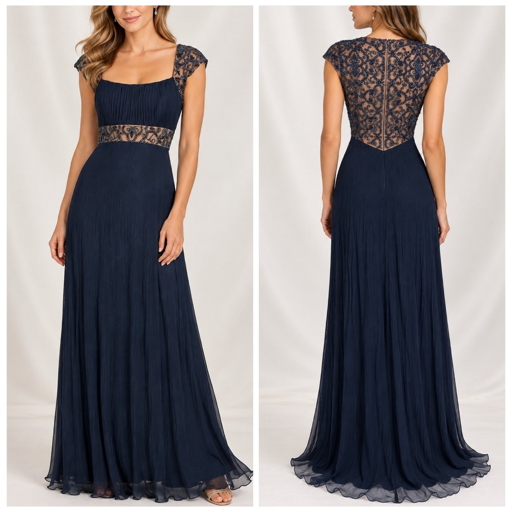 Tadashi Collection Silk Navy Blue Beaded Sheer Back Chiffon Formal Gown Dress 8